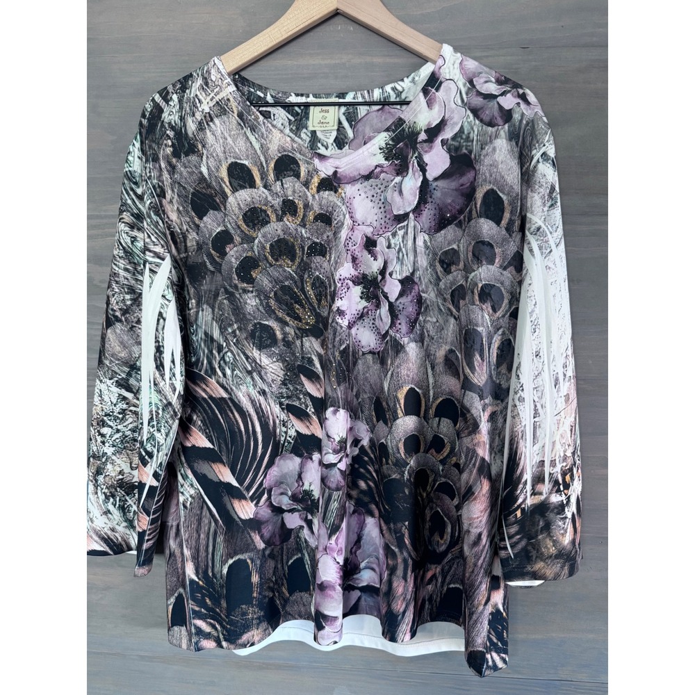 Jess & Jane Women's Peacock Lovely Lift Sparkle Blouse Top Shirt‎ Size Large